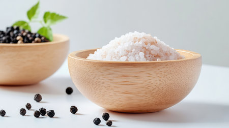 A beautifully styled image featuring fresh sea salt in a wooden bowl, accompanied by black pepper and herbs, highlighting culinary creativity and minimalism.の素材
