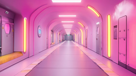 This image showcases a futuristic corridor illuminated by vibrant pink lights, featuring sleek lines and a minimalist design that evokes a sci-fi atmosphere.の素材