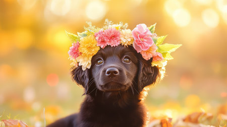 A charming black dog adorned with a colorful flower crown sits gracefully amidst a beautiful autumn backdrop, radiating joy and warmth.の素材