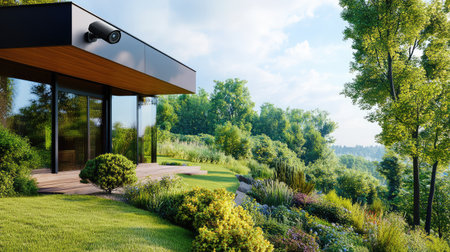 This image showcases a modern house featuring sleek architecture, embraced by lush greenery and vibrant landscaping, perfect for a serene outdoor lifestyle.の素材