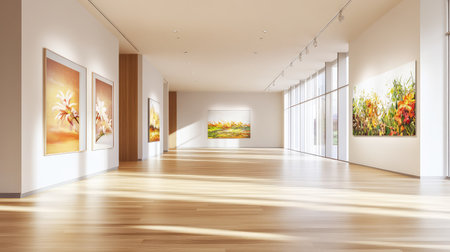 A bright and spacious modern art gallery featuring vivid paintings of flowers and landscapes, illuminated by natural light through large windows.の素材