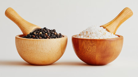 A captivating image of black pepper and white salt displayed in elegant wooden bowls. Perfect for culinary inspiration, healthy cooking, and food styling.の素材