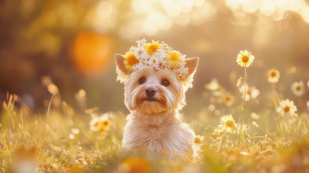 A delightful small dog adorned with a flower crown sits gracefully in a vibrant meadow filled with wildflowers, capturing the essence of joy and serenity.の素材