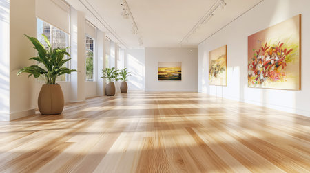 A bright and spacious art gallery interior featuring large windows, modern plant dの素材