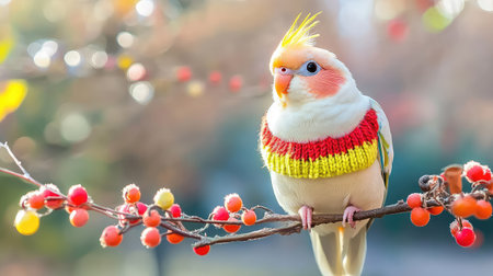 A charming, colorful bird sits gracefully on a branch, surrounded by vibrant berries, with a soft focus background. A delightful piece of nature.の素材