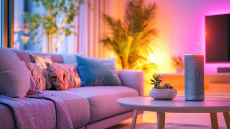 A cozy living room featuring a smart speaker, vibrant ambient lighting, and stylish decor elements. Perfect for showcasing modern home comfort and technology.の素材