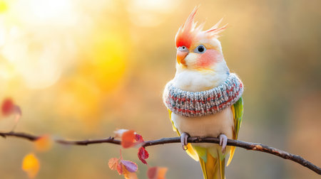 This charming image captures a colorful bird wearing a cozy sweater, perched gracefully on a branch amidst soft autumn hues, creating a warm and inviting scene.の素材