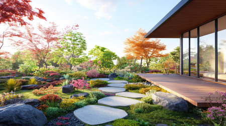 A beautiful Japanese garden featuring a stone pathway winding through vibrant plants and colorful foliage, complemented by contemporary architecture.の素材