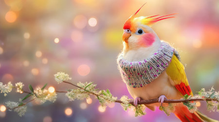A vibrant bird in a cozy knit sweater perches on a flowering branch, highlighted against a dreamy bokeh background, evoking joy and warmth in nature.の素材