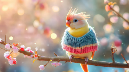 This charming image features a colorful bird wearing a cozy knitted sweater, perched gracefully on a branch surrounded by blooming flowers. The soft focus adds a dreamy quality, bringing out the vibrant colors of spring.の素材