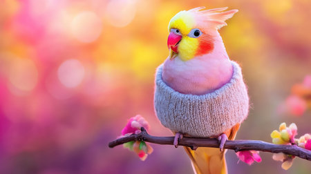 A delightful cockatiel perches on a branch, dressed in a soft sweater, surrounded by a vibrant spring backdrop, exuding a joyful charm.の素材