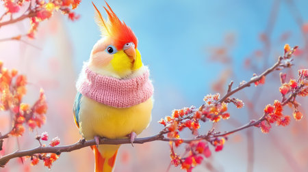 A charming bird with vibrant feathers and a cute pink sweater perched on a blossoming branch, capturing the joy of nature in springtime.の素材