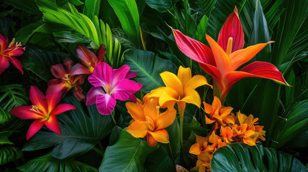 A stunning display of vibrant tropical flowers in an array of colors, surrounded by rich greenery, creating a lively and serene natural setting.の素材