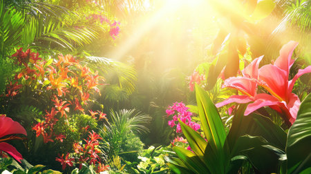Immerse yourself in a vibrant tropical garden filled with colorful flowers, lush green foliage, and gentle sunlight illuminating the scene, evoking serenity.の素材