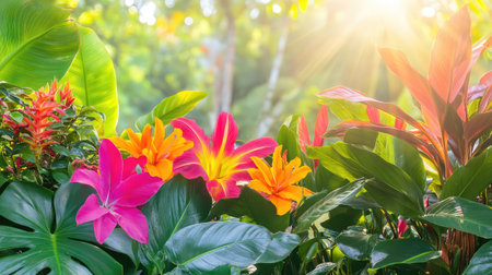 A stunning display of vibrant tropical flowers and lush green foliage basking in bright sunlight creates a serene and beautiful garden scene.の素材