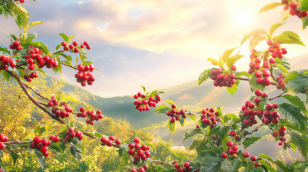 A stunning view of cherry tree branches filled with bright red fruits, set against a beautiful sunrise and vibrant natural landscape, highlighting tranquility.の素材