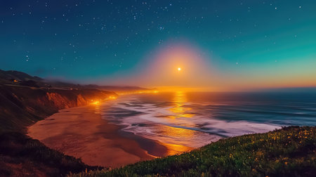 Capture the peaceful essence of a tranquil beach at night, illuminated by the glowing moonlight and shimmering stars above, as gentle waves kiss the shore.の素材