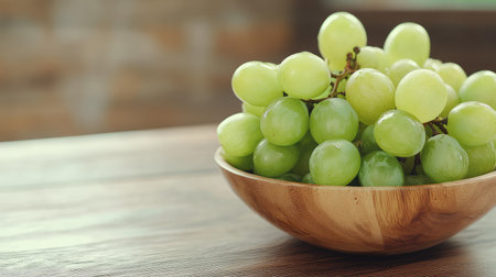 This image features a bowl filled with fresh green grapes placed on a rustic wooden table, showcasing the natural beauty and vibrant texture of the fruit.の素材