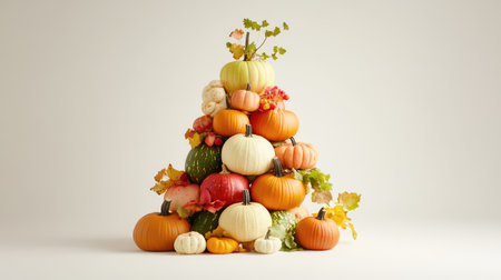 This artistic display features a colorful arrangement of pumpkins and gourds, highlighting their unique shapes and hues with autumn leaves.の素材