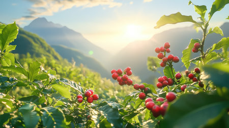 A breathtaking view of a mountain landscape featuring vibrant coffee plants and red berries at sunrise, showcasing the beauty of nature and agriculture.の素材
