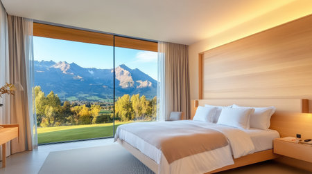 A modern bedroom featuring a large glass window that opens up to stunning mountain views, creating an inviting, serene atmosphere filled with natural light.の素材