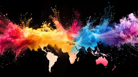 A visually striking world map featuring vibrant splashes of paint over a black background, capturing the essence of creativity and diversity in global culture.の素材