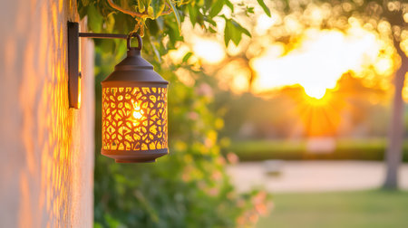 This captivating image features an elegant lantern casting warm light in a tranquil garden at sunset, surrounded by lush greenery, creating a serene atmosphere.の素材