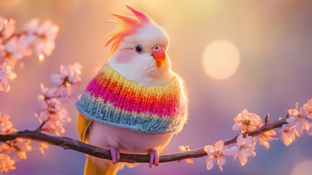 A charming bird wearing a colorful knit sweater sits on a branch amidst delicate cherry blossoms, exuding a serene and vibrant atmosphere during sunset.の素材