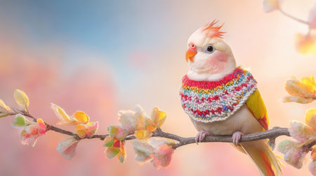 A charming bird dons a colorful sweater while perched on a branch, surrounded by soft pastel hues and blooming flowers, embodying springtime joy.の素材