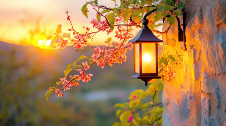A beautifully crafted lantern hangs beside blooming flowers, casting a warm glow against a stunning sunset. This serene outdoor scene captures peaceful moments.の素材