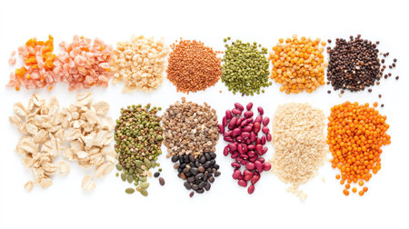 A visually appealing arrangement of various grains and legumes showcasing their unique colors and textures, perfect for healthy cooking inspiration.の素材