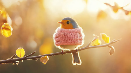 A charming small bird in a pink knitted sweater sits on a branch against a warm and vibrant autumn backdrop, creating a serene and delightful scene.の素材
