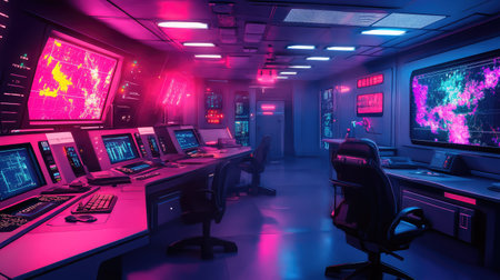 A vibrant and futuristic control room features high-tech monitors and neon lighting, creating a dynamic workspace for data analysis and technology innovation.の素材