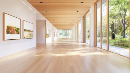 A stunning view of a modern gallery interior featuring natural light flooding through large windows, minimalist design, and white walls showcasing artwork.の素材