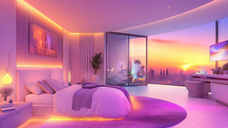 A tranquil modern bedroom featuring soft bedding, ambient lighting, and a stunning sunset view through expansive glass doors, creating a serene atmosphere.の素材