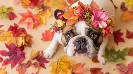 This charming French Bulldog, adorned with a beautiful floral crown, poses amid a vibrant array of autumn leaves, creating a delightful and heartwarming scene.の素材