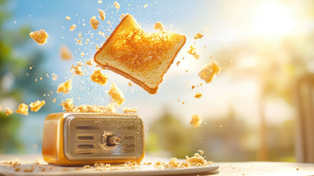A captivating image of golden toast flying above a glossy toaster, with crumbs suspended in the air and a bright sunlit background creating a warm morning atmosphere.の素材
