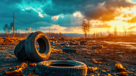 Captivating scene showcasing abandoned tires scattered on a desolate road, surrounded by autumn leaves, all illuminated by a stunning sunset.の素材