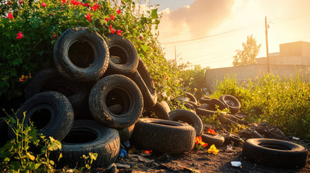 A captivating scene featuring a pile of old tires, overgrown with grass and flowers, set against a colorful sunset. The image highlights environmental concerns.の素材