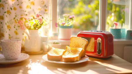 A bright kitchen scene featuring a vibrant red toaster with two pieces of golden toasted bread, set beside a sunlit window adorned with flowers.の素材