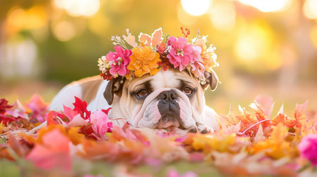 This heartwarming portrait captures an adorable bulldog resting among colorful autumn leaves, adorned with a vibrant floral crown. The warm golden light of a sunset creates a serene atmosphere, perfect for showcasing the natural beauty of pets in fall.の素材