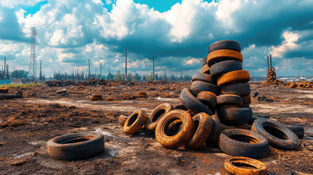 A striking image of abandoned tires scattered across a degraded landscape, with dramatic clouds looming overhead. This photo captures the environmental impact of waste.の素材