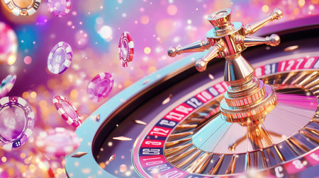 A captivating image of a roulette wheel, sparkling in vibrant colors, surrounded by floating gaming chips, perfect for illustrating the excitement of casino gameplay.の素材