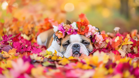 A charming bulldog lies comfortably among a colorful blanket of autumn leaves, adorned with a beautiful flower crown, creating a serene fall scene.の素材