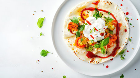 A vibrant dish featuring fresh vegetables and creamy sauce elegantly arranged on a white plate. Ideal for showcasing healthy meal ideas and culinary art.の素材
