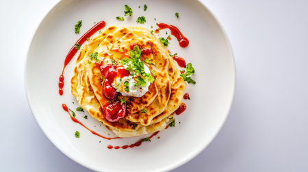 A vibrant plate of fluffy pancakes artistically arranged, garnished with fresh herbs, whipped cream, and a drizzle of ketchup for a unique flavor.の素材