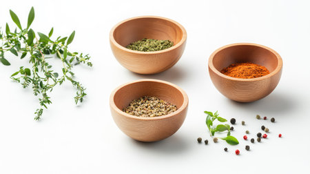 This image showcases three wooden bowls containing various spices and herbs arranged artistically on a white background, complemented by fresh green herbs.の素材