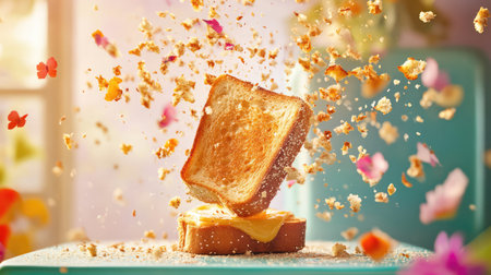 A whimsical scene of flying toast topped with melted cheese, surrounded by colorful butterflies and flower petals, creating a joyful kitchen atmosphere.の素材