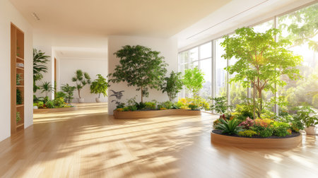 This stunning indoor garden showcases a blend of lush greenery and natural light, creating a vibrant and tranquil atmosphere ideal for relaxation and inspiration.の素材