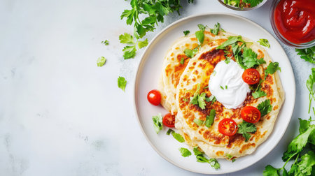 A vibrant display of freshly made flatbreads topped with juicy cherry tomatoes and creamy sour cream, surrounded by fresh herbs, perfect for any meal.の素材